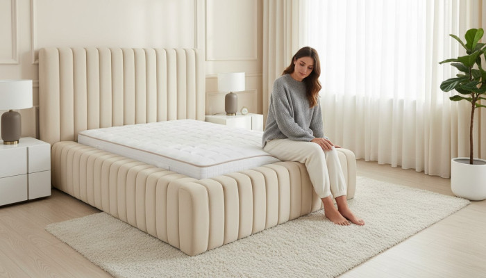 Luxe slaapkamer bed tweepersoons hout gestoffeerde bedden bedframe beige