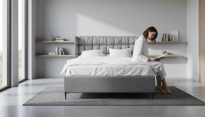 Grijs tweepersoonsbed Klassiek slaapkamermeubelontwerp Elegant stoffen bed