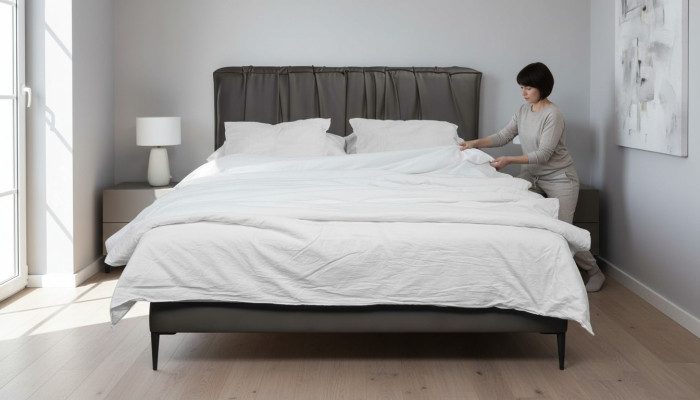 Grijs tweepersoonsbed gestoffeerde bedden bed met opbergruimte design elegant stof bed.