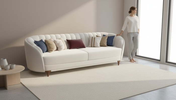 Moderne witte bank in de woonkamer. Exclusieve 3-zitsbank van 250 cm luxe.