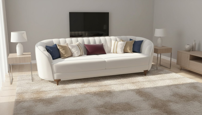 Moderne witte bank in de woonkamer. Exclusieve 3-zitsbank van 250 cm luxe.