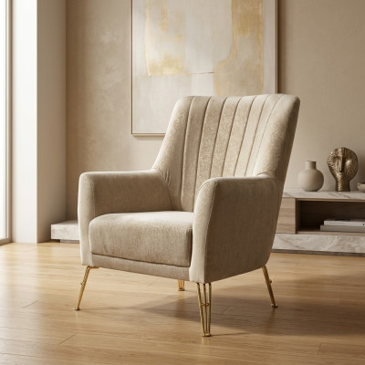 Ontwerp fauteuil Luxe Beige Stoel Relax Hout met Roestvrij Stalen Stoel nieuw