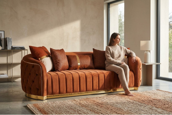 Oranje textiel driezits moderne designer luxe bank bank fluweel Chesterfield.