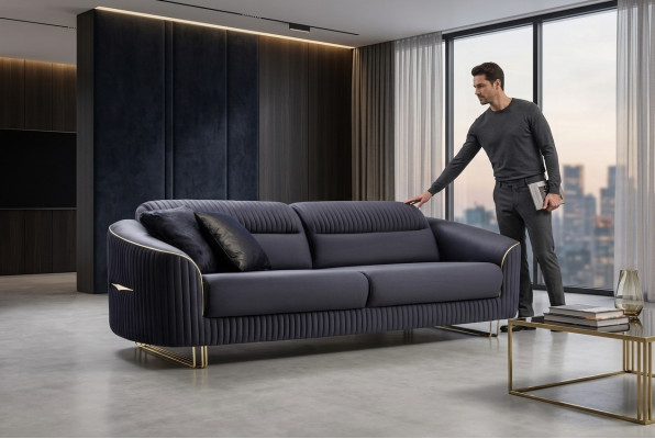 Bankstel 3-zits gestoffeerd bankstel blauw textiel Zitontwerp Moderne bank Nieuw