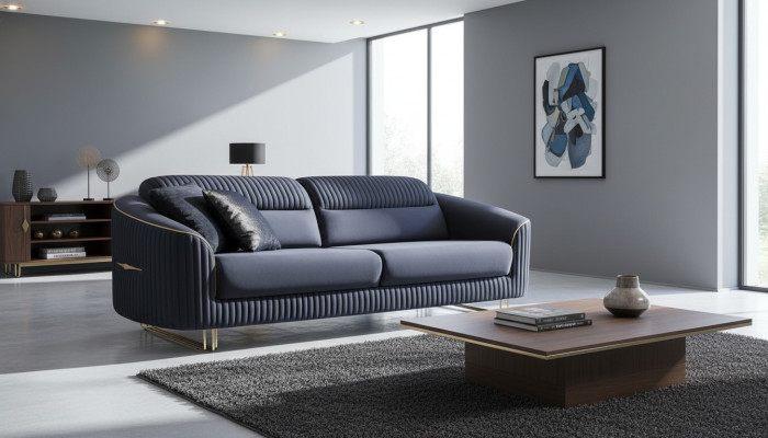 Bankstel 3-zits gestoffeerd bankstel blauw textiel Zitontwerp Moderne bank Nieuw
