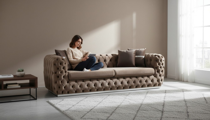 Bankstel 3-zits gestoffeerd bruin textiel zitontwerp bank modern Chesterfield