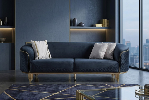 Moderne Nieuwe Bank 3-Zits Gestoffeerde Bank Blauw Textiel Zitmeubel Ontwerp Bank