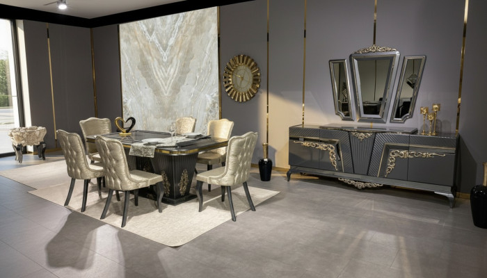 Eetkamerset 9-delig. Eettafel + 6x stoelen Dressoir met spiegel Grijs nieuw