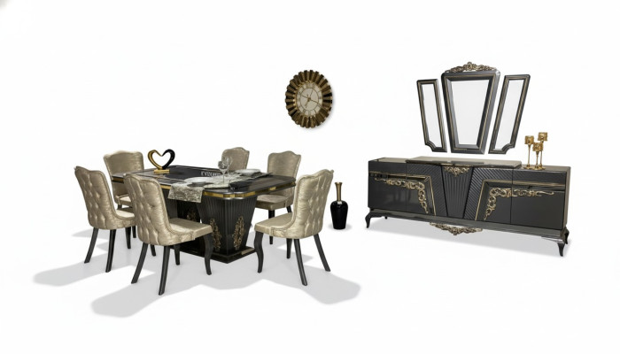 Eetkamerset 9-delig. Eettafel + 6x stoelen Dressoir met spiegel Grijs nieuw