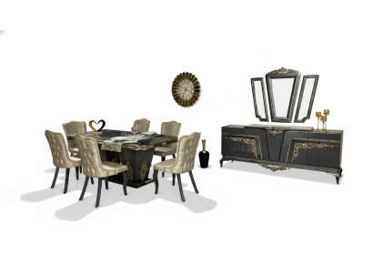 Eetkamerset 9-delig. Eettafel + 6x stoelen Dressoir met spiegel Grijs nieuw