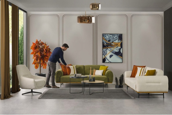 Ontwerp woonkamerset van 2 delen. Luxe meubels in beige kleur, modern en nieuw.