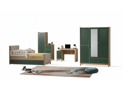 Kinderkamerset bestaat uit bed + 2x kledingkast + bureau 4-delig.