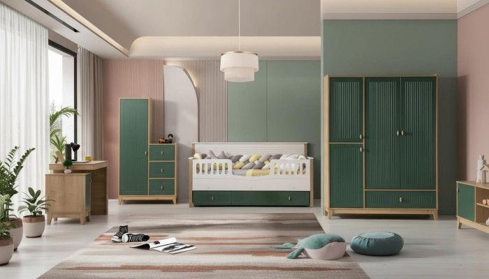 Stijlvolle kinderkamerset bestaat uit bed, 2 kledingkasten en een bureau.