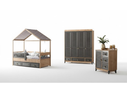 Grijze tienerkamerset kinderkamer commode kast en bed 3-delig.