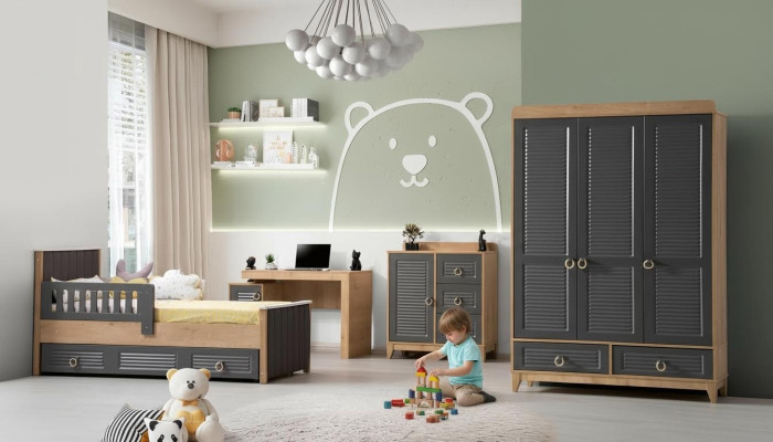 Compleet kindermeubilair kinderbed houten meubelset 4-delig kinderkamer grijs