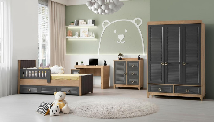 Compleet kindermeubilair kinderbed houten meubelset 4-delig kinderkamer grijs