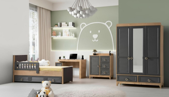 Compleet kindermeubilair kinderbed houten meubelset 4-delig kinderkamer grijs