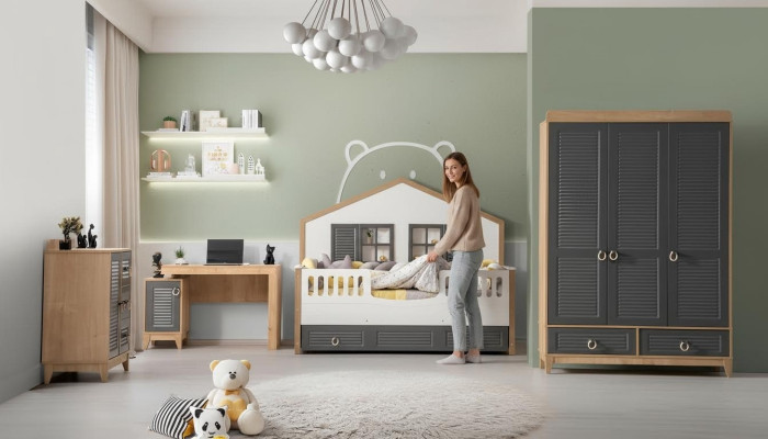 luxe Compleet kindermeubilair bed hout set 4-delig kinderkamer grijs