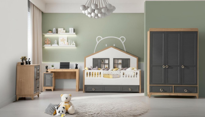 luxe Compleet kindermeubilair bed hout set 4-delig kinderkamer grijs
