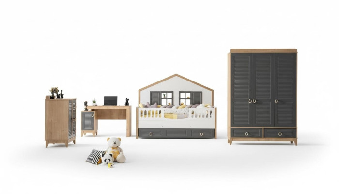 luxe Compleet kindermeubilair bed hout set 4-delig kinderkamer grijs