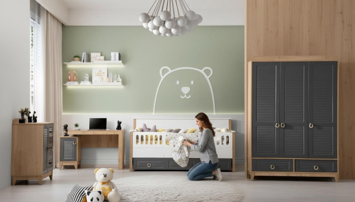 Luxe kindermeubelset kinderkamer kinderbed grijs hout set 4-delig