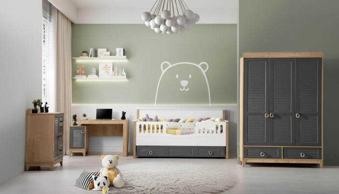Luxe kindermeubelset kinderkamer kinderbed grijs hout set 4-delig