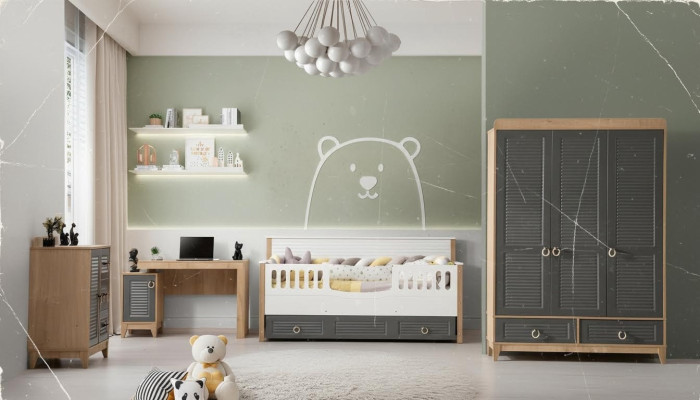 Luxe kindermeubelset kinderkamer kinderbed grijs hout set 4-delig