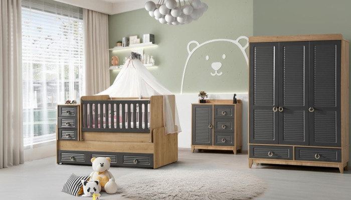 Stijlvolle kinderkamermeubels kinderkamer kinderbed grijs hout set 4-delig.