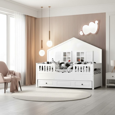Kinderbed Houten bed Stapelbed Uitschuifbaar Wit Hout Bed 90 x 200