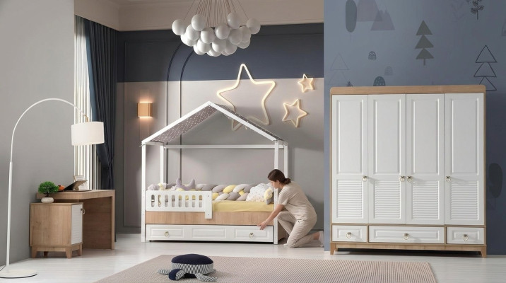 Modern kinderkamer set bed kledingkast bureau licht 3-delig nieuw