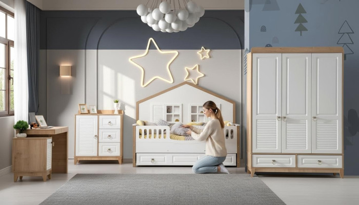 Modern kinderkamer set Bed Kledingkast Bureau Helder 4-delig Nieuw
