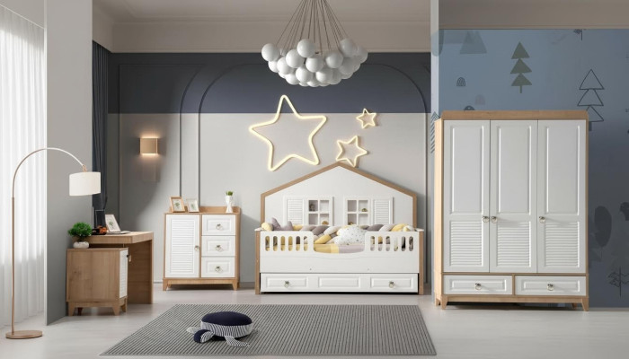 Modern kinderkamer set Bed Kledingkast Bureau Helder 4-delig Nieuw