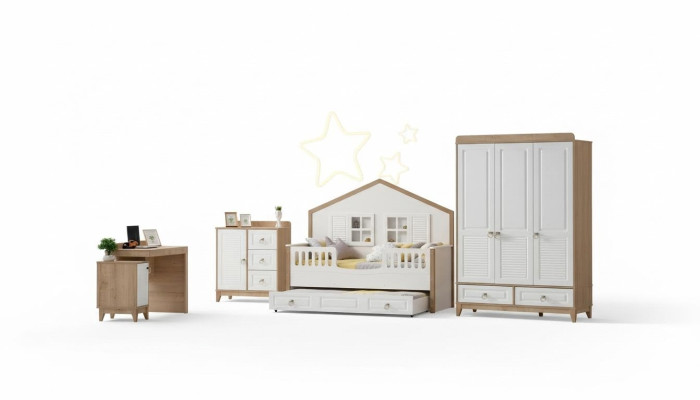 Modern kinderkamer set Bed Kledingkast Bureau Helder 4-delig Nieuw