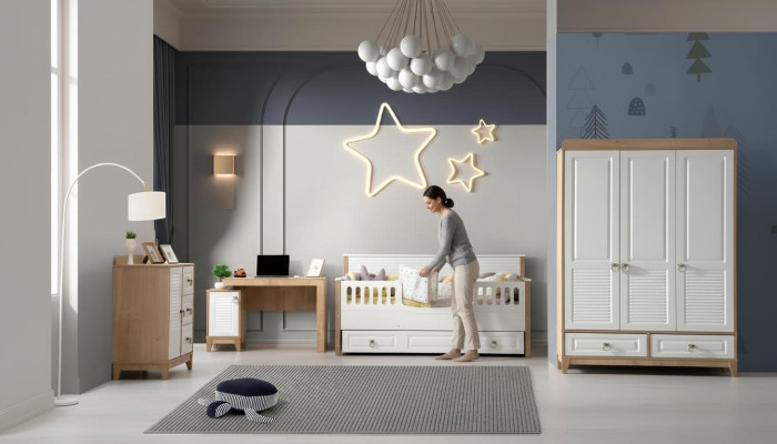 Kinderkamer set Bed Garderobe Commode Bureau Wit 4-delig