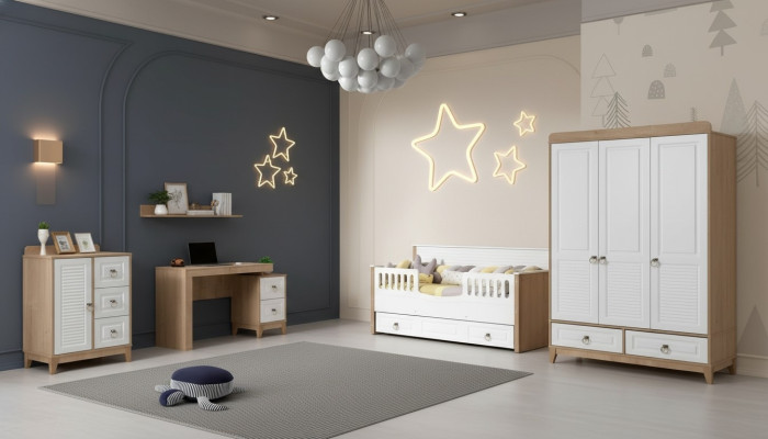 Kinderkamer set Bed Garderobe Commode Bureau Wit 4-delig