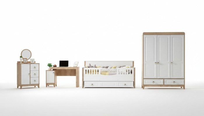 Kinderkamer set Bed Garderobe Commode Bureau Wit 4-delig