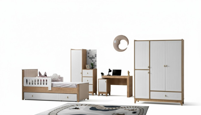 Volledige kinderkamerset Bed 2x Kledingkast tafel Helder 4-delig Nieuw.