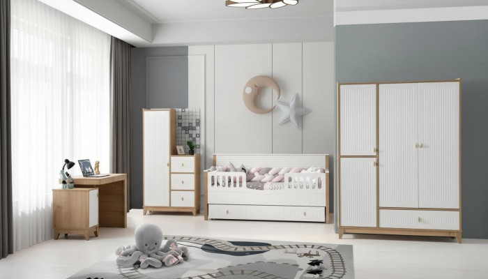 Stijlvolle kinderkamerset bed 2x kledingkast bureau wit 5-delig