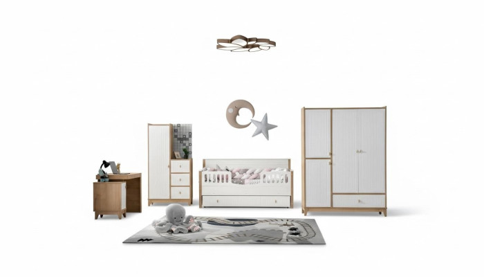 Stijlvolle kinderkamerset bed 2x kledingkast bureau wit 5-delig