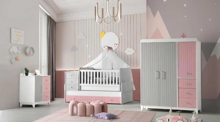 Luxe kinderkamerset van 3 stuks, stijlvolle commode, kast, bed, veelkleurig.