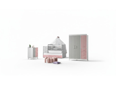 Luxe kinderkamerset van 3 stuks, stijlvolle commode, kast, bed, veelkleurig.