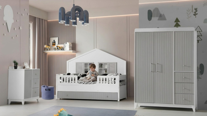 Stijlvolle 3-delige kinderkamerset: commode, kledingkast, licht bed