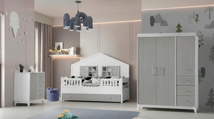 Stijlvolle 3-delige kinderkamerset: commode, kledingkast, licht bed