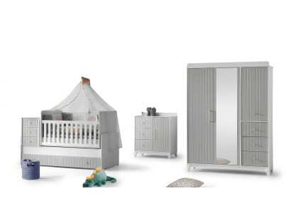 Compleet set voor de kinderkamer: commode, kledingkast, kinderbed in grijze kleur.