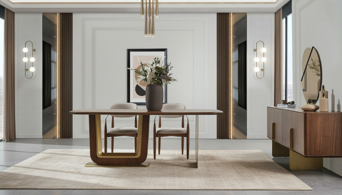 Eetkamerset Moderne eettafel 4 stoelen en dressoir met spiegel 7-delig.