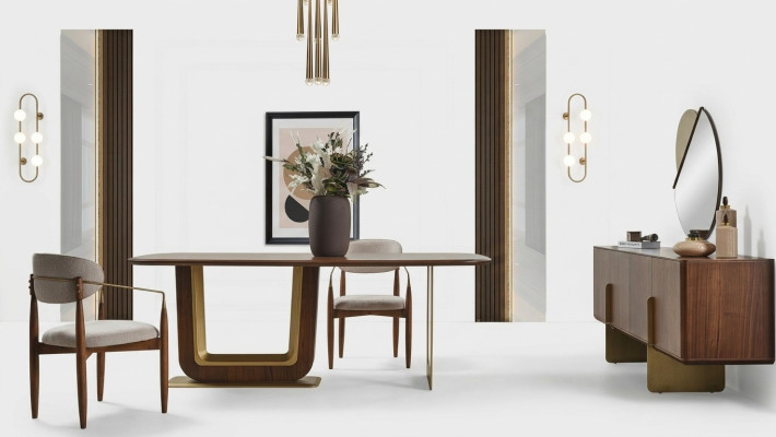 Eetkamerset Moderne eettafel 4 stoelen en dressoir met spiegel 7-delig.