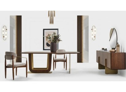 Eetkamerset Moderne eettafel 4 stoelen en dressoir met spiegel 7-delig.