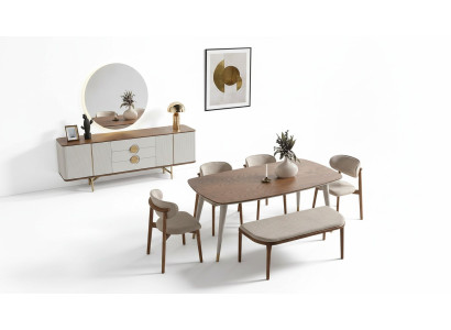 Perfecte eetkamerset met eettafel, 4 stoelen, dressoir, spiegel en bank (8-delig).