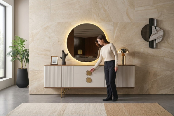 Perfecte eetkamerset bestaat uit beige dressoir en spiegel, 2-delig, nieuw.