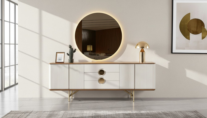 Perfecte eetkamerset bestaat uit beige dressoir en spiegel, 2-delig, nieuw.